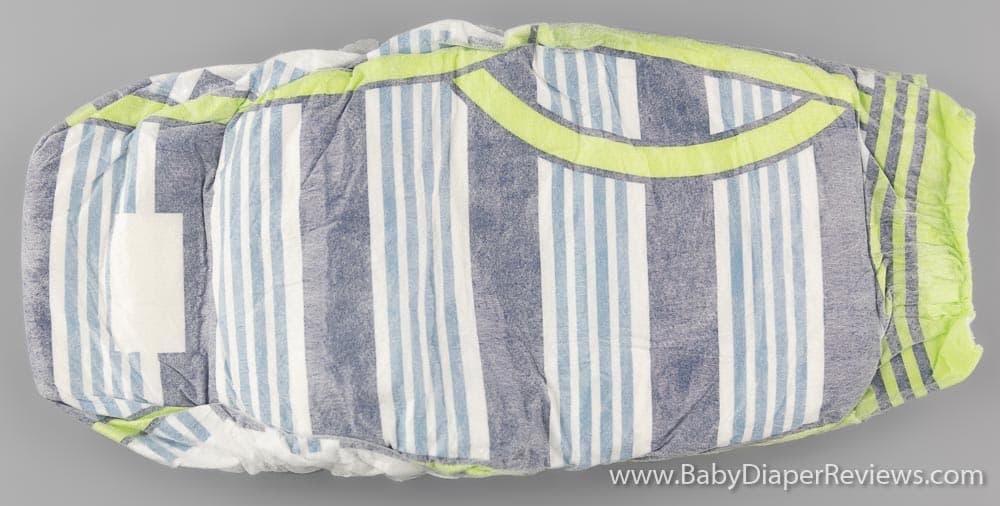 Folded front view of diaper with stripe detail