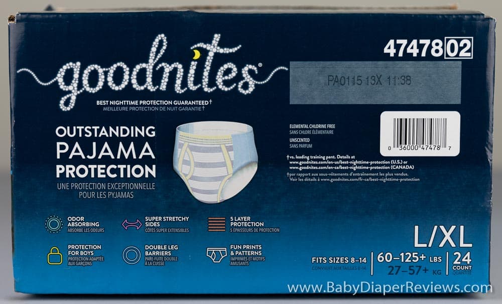 Side view of diaper with size information