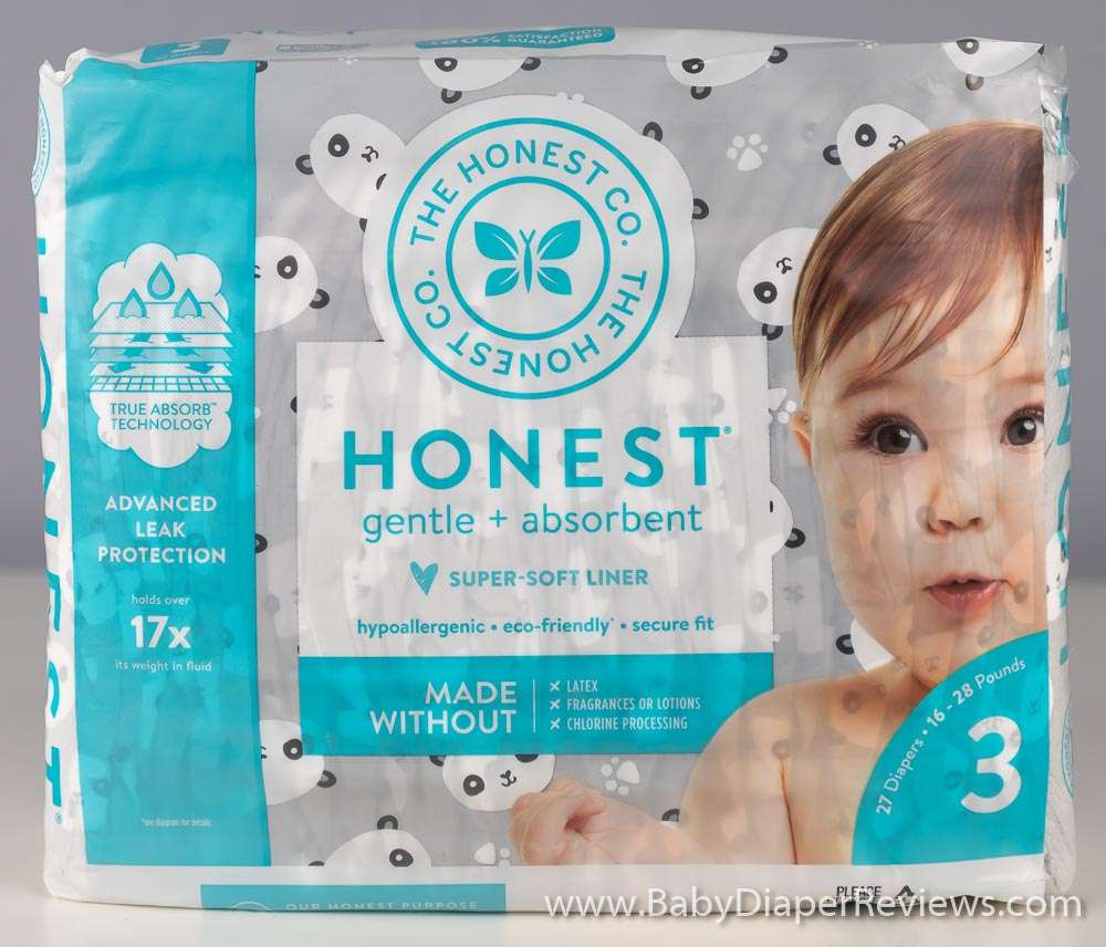 Close up view of the Honest Company size three diapers