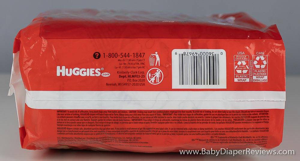 Side of bag showing contact and UPC code  information for Huggies Little Movers