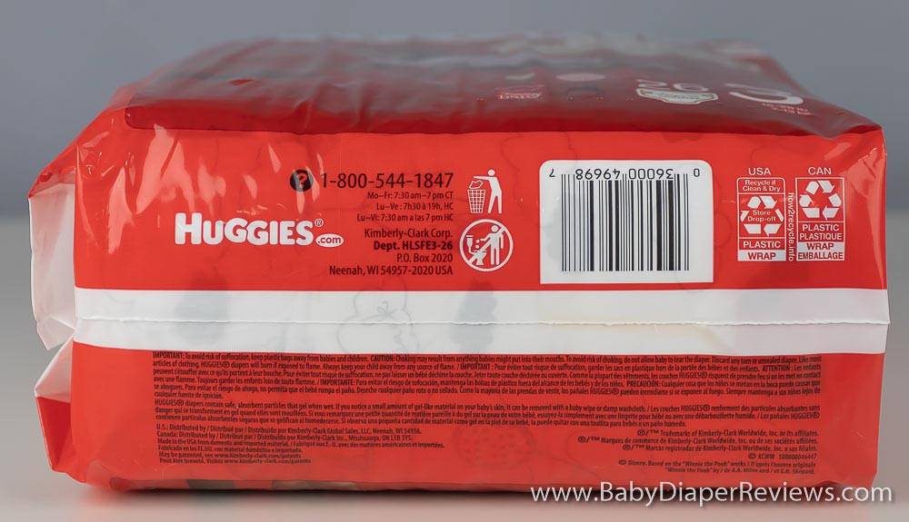 Side of bag showing contact information and UPC code for Huggies Little Snugglers diapers