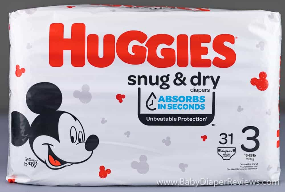 Close up view of Huggies Snug and Dry size three diapers