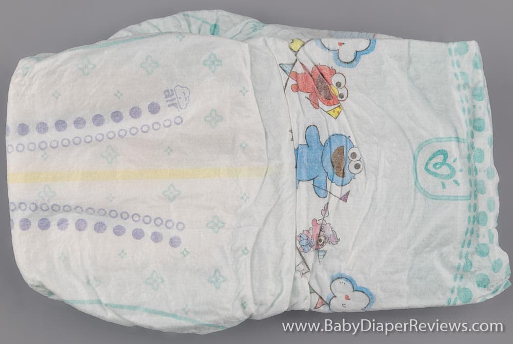 Folded front view of diaper with elmo detail