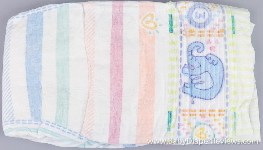 Folded front view of diaper with elephant detail