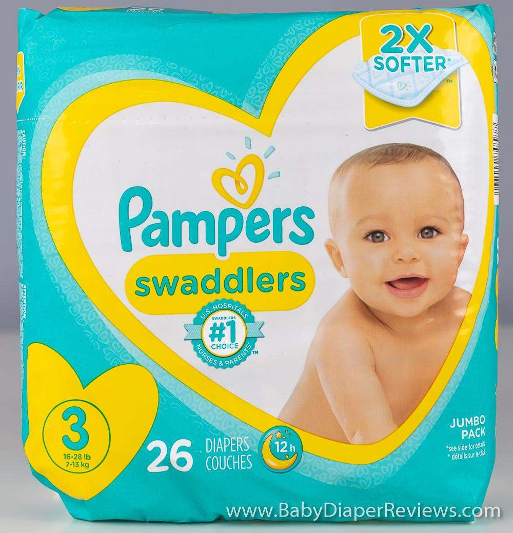 Close up view of Pampers Swaddlers size three diapers