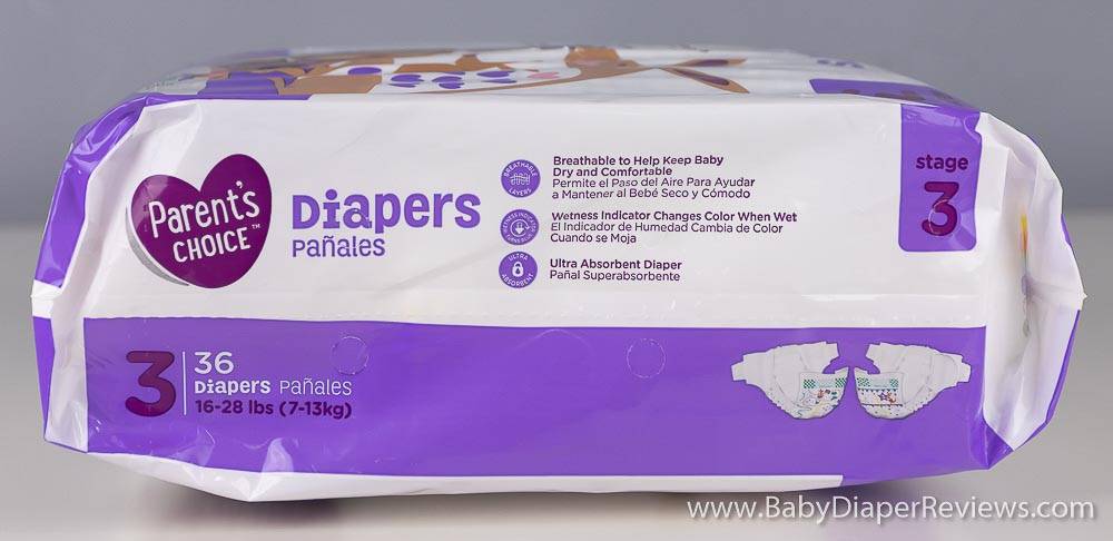 Side of diaper package with sizing information