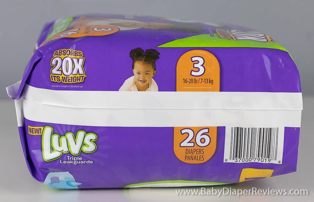 Side view of Luvs Triple Leakguards diapers with UPC code