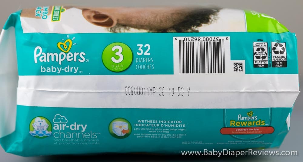 Right side view of Pampers Baby Dry Diaper with UPC information