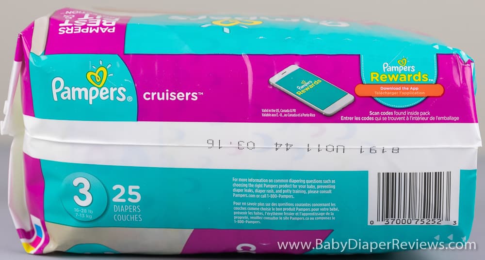 Right side view of Pampers Cruisers diapers with UPC information