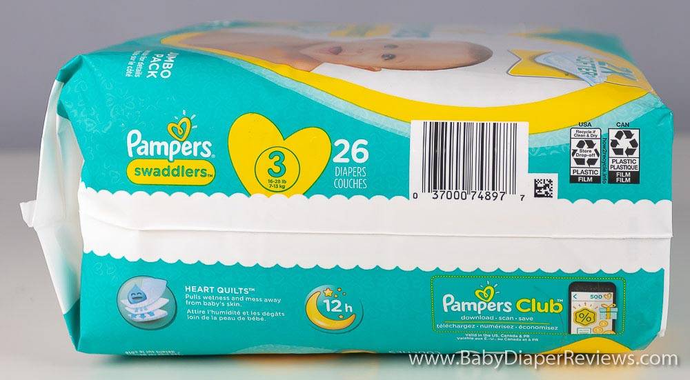 Right side showing UPC code for Pampers Swaddlers diapers