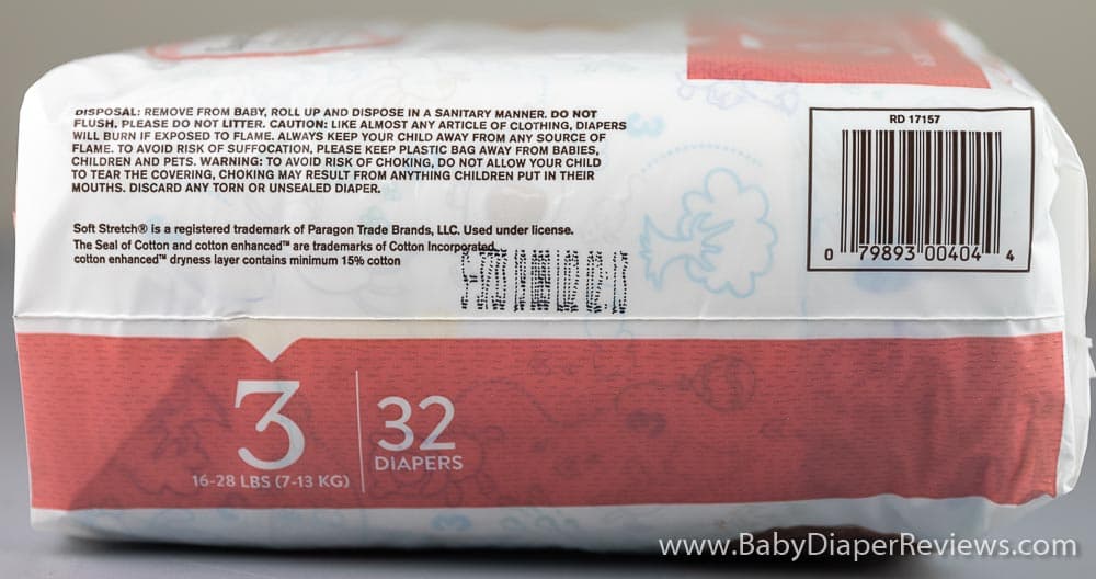 Right side view of Signature Care diapers with UPC information