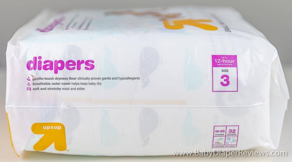 Side view of diaper with size information